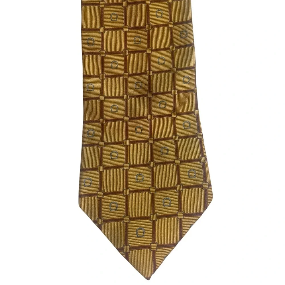 Brooks Brothers Makers Silk Tie Yellow Brown Grid Horseshoe Made in USA Italy